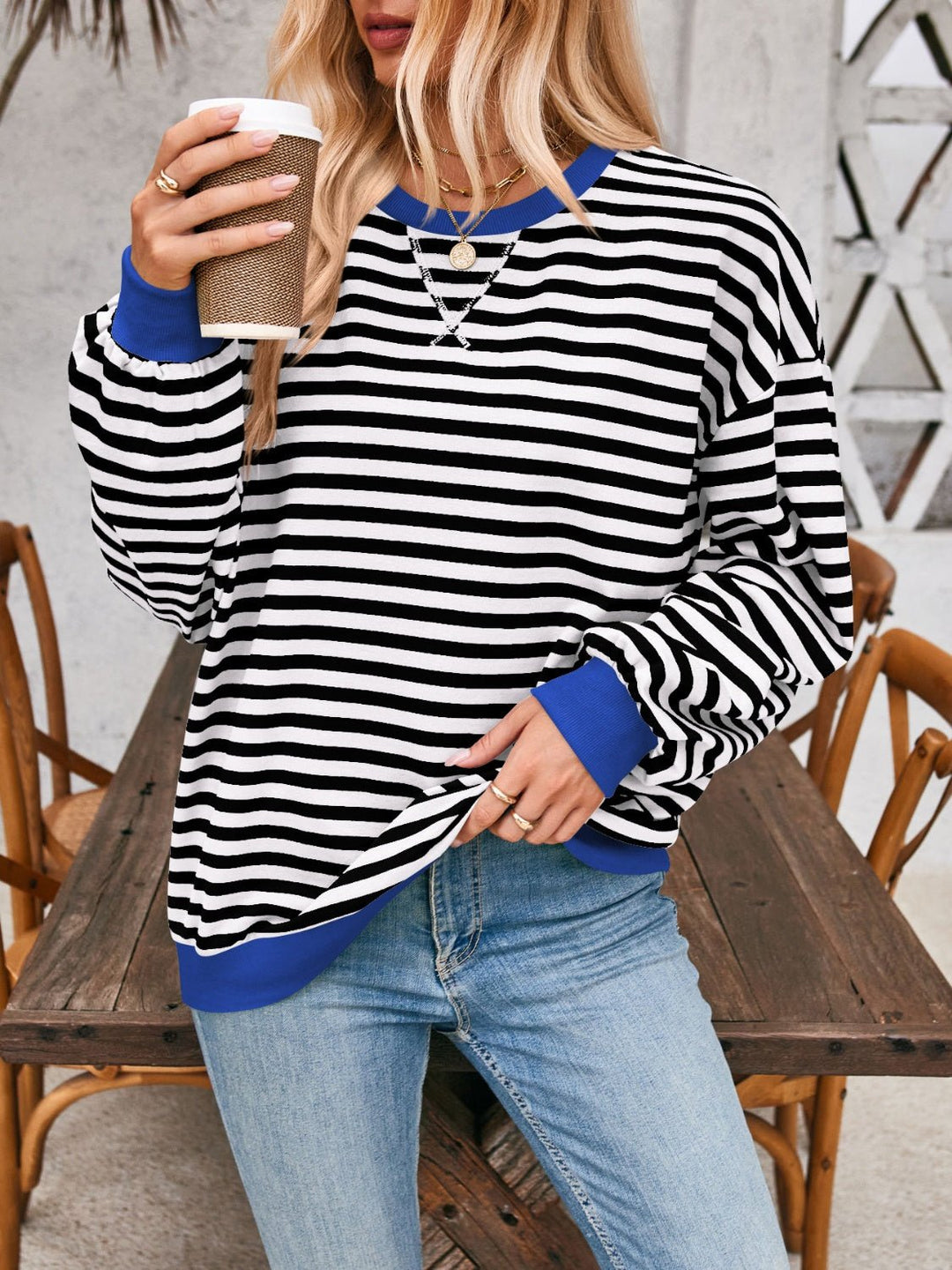 Contrast Striped Long Sleeve Sweatshirt - SharpDuds