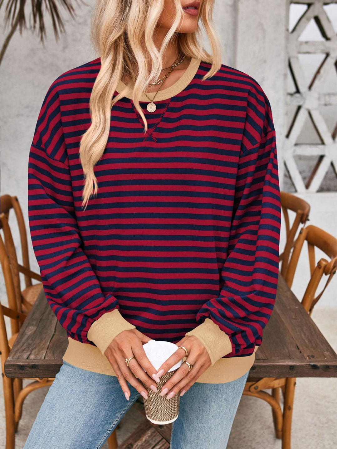 Contrast Striped Long Sleeve Sweatshirt - SharpDuds