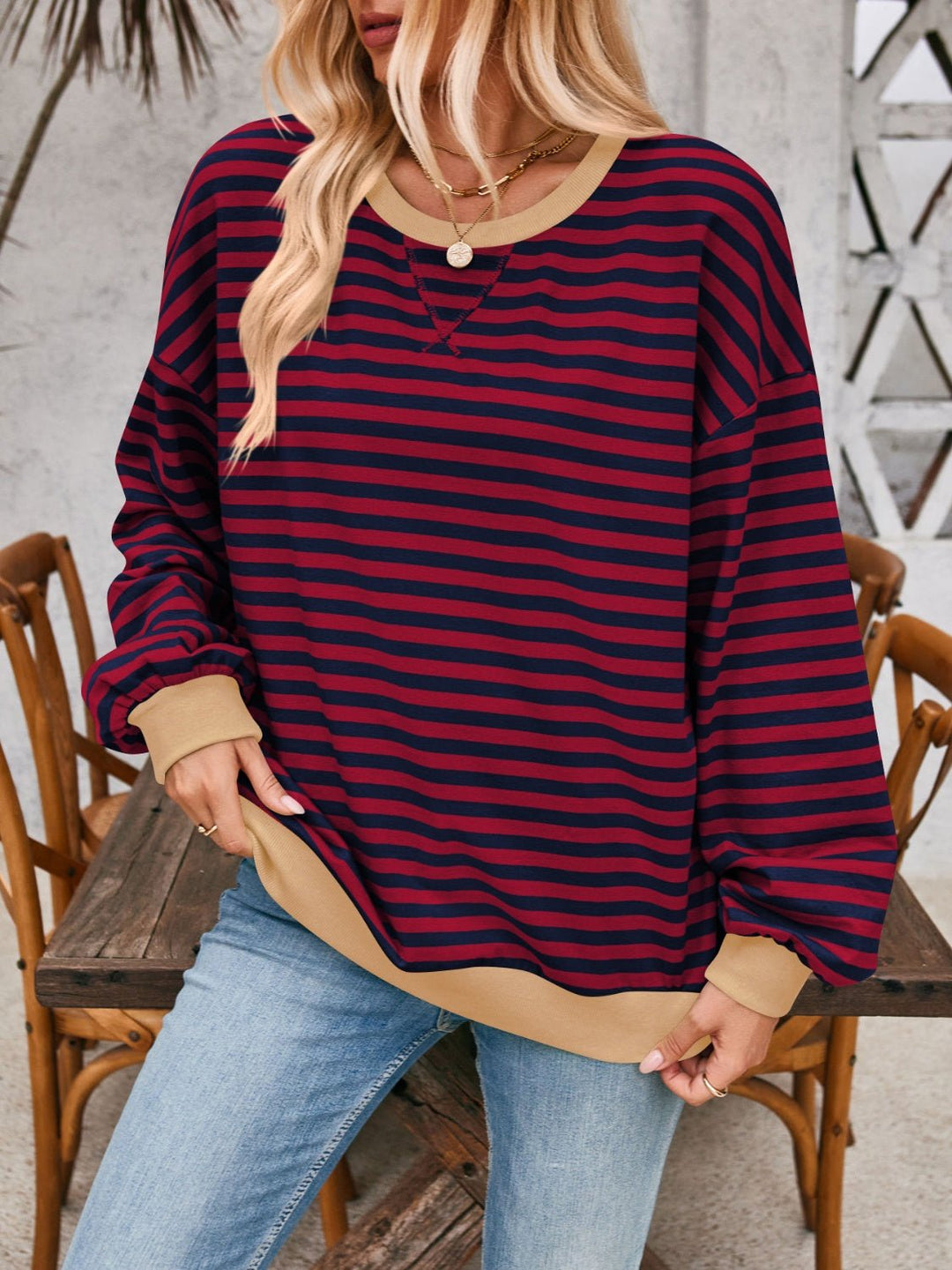 Contrast Striped Long Sleeve Sweatshirt - SharpDuds