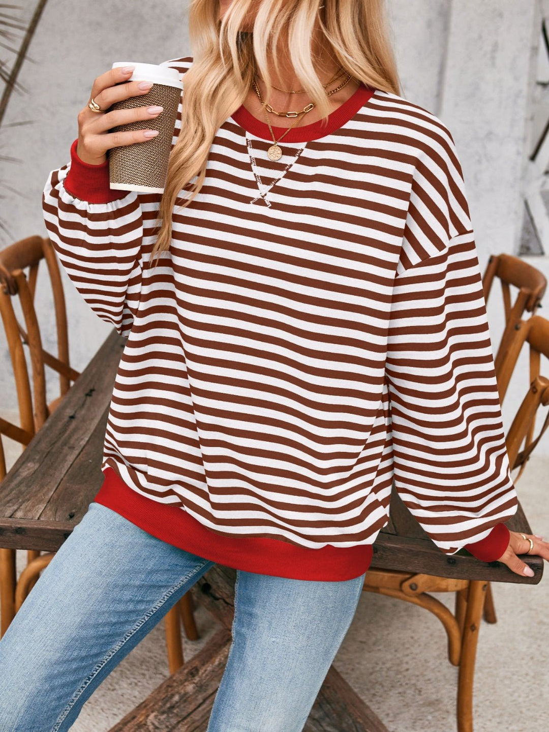 Contrast Striped Long Sleeve Sweatshirt - SharpDuds