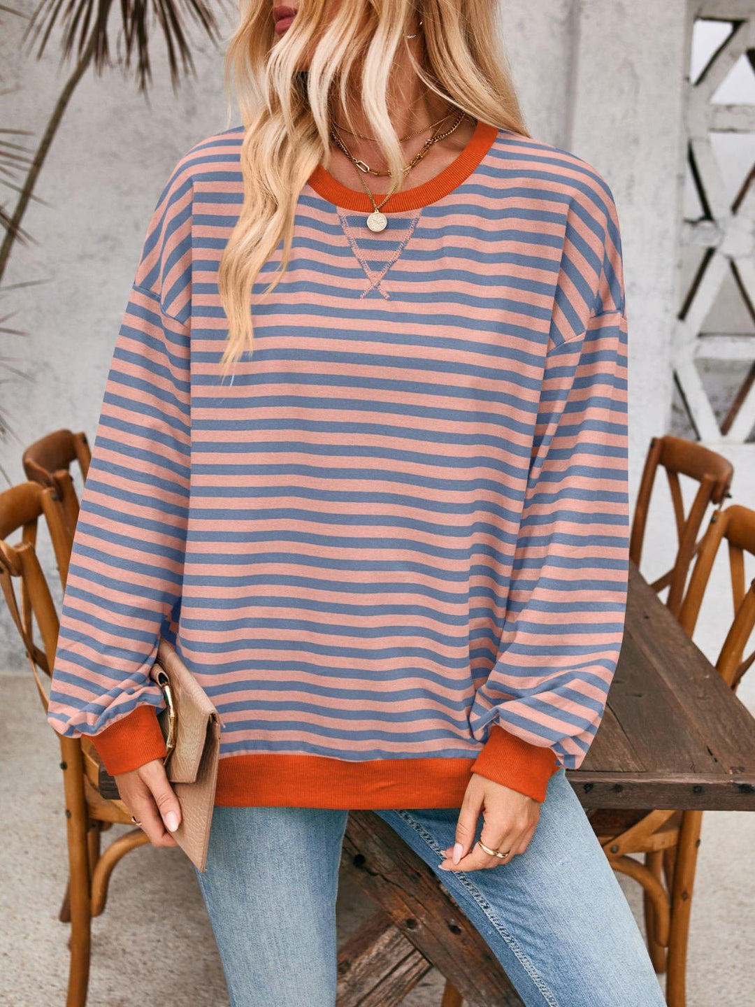 Contrast Striped Long Sleeve Sweatshirt - SharpDuds