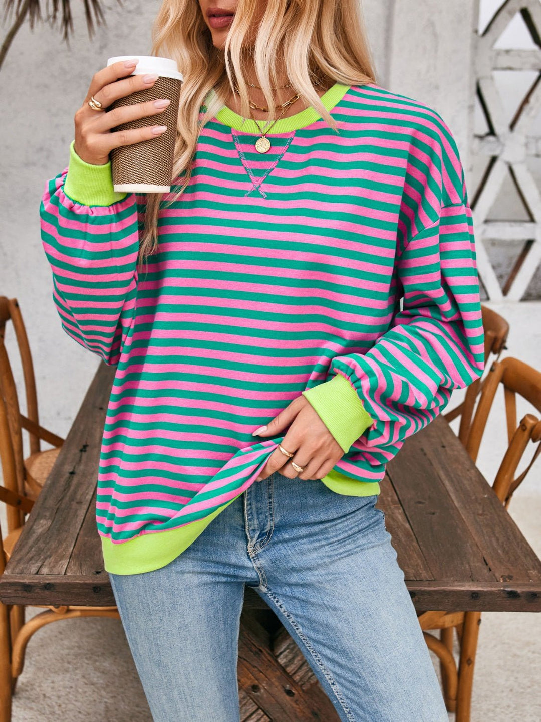 Contrast Striped Long Sleeve Sweatshirt - SharpDuds