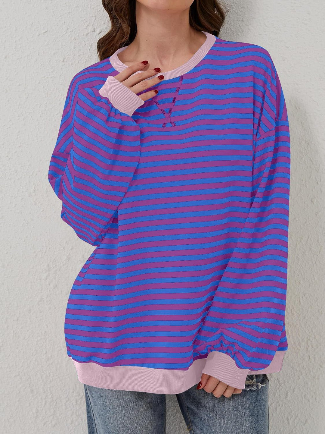 Contrast Striped Long Sleeve Sweatshirt - SharpDuds