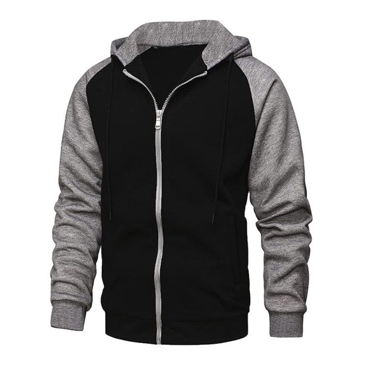 Contrasting Color Zipper Cardigan Plus Fleece Hoodie - SharpDuds.com