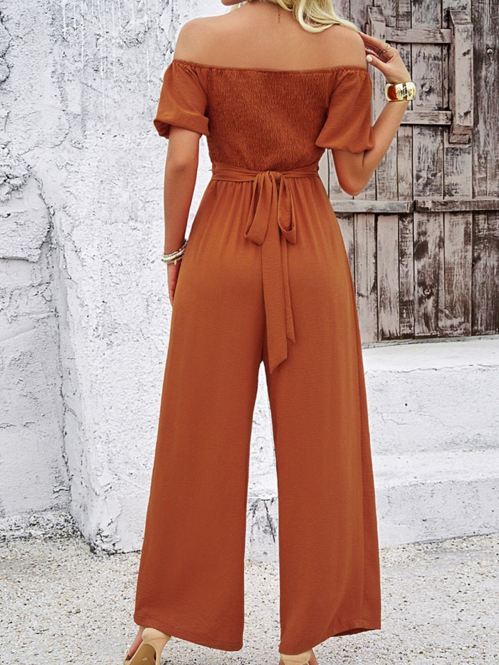 Cutout Off Shoulder Wide Leg Jumpsuit - SharpDuds