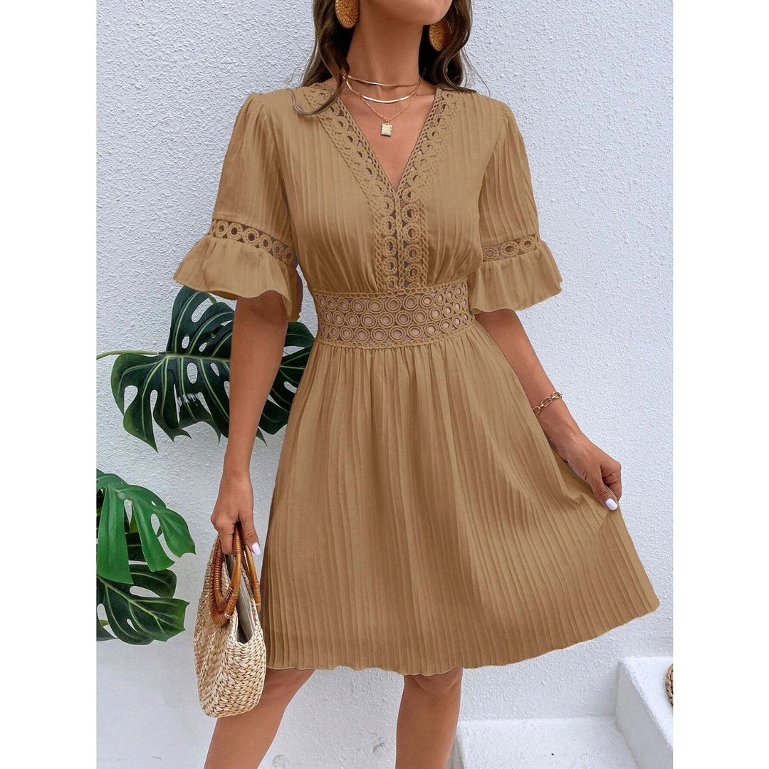 Cutout V - Neck Flounce Sleeve Mini Dress - SharpDuds