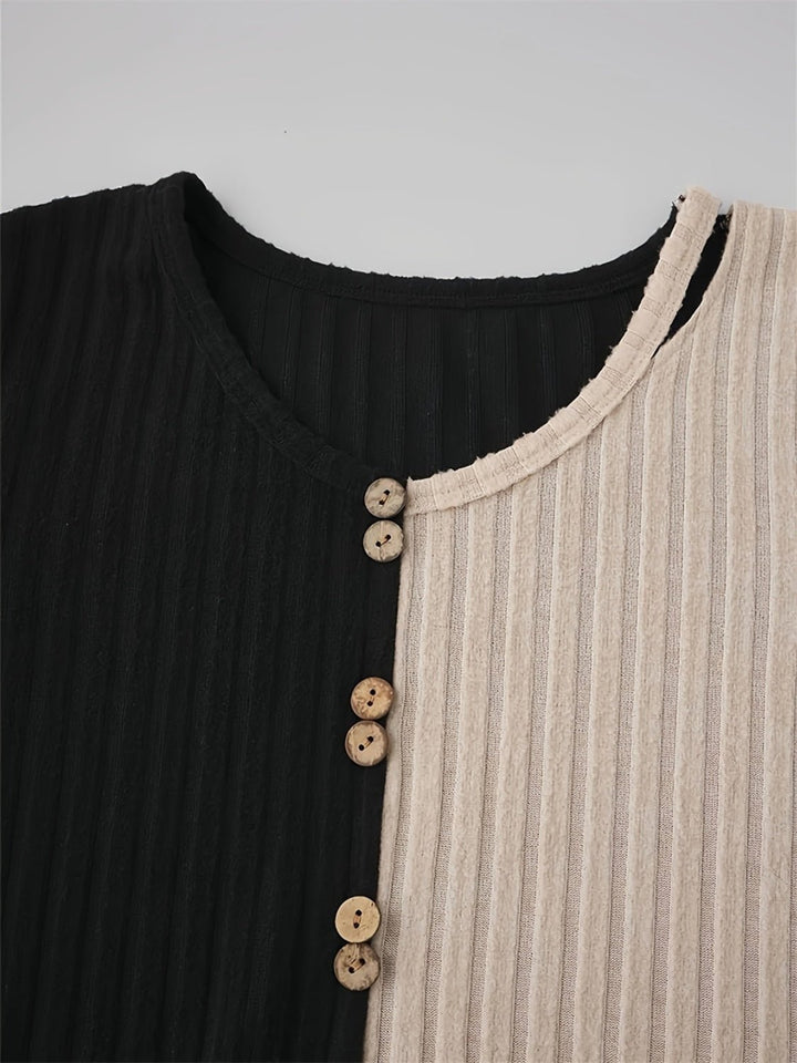 Decorative Button Contrast Round Neck T-Shirt - SharpDuds