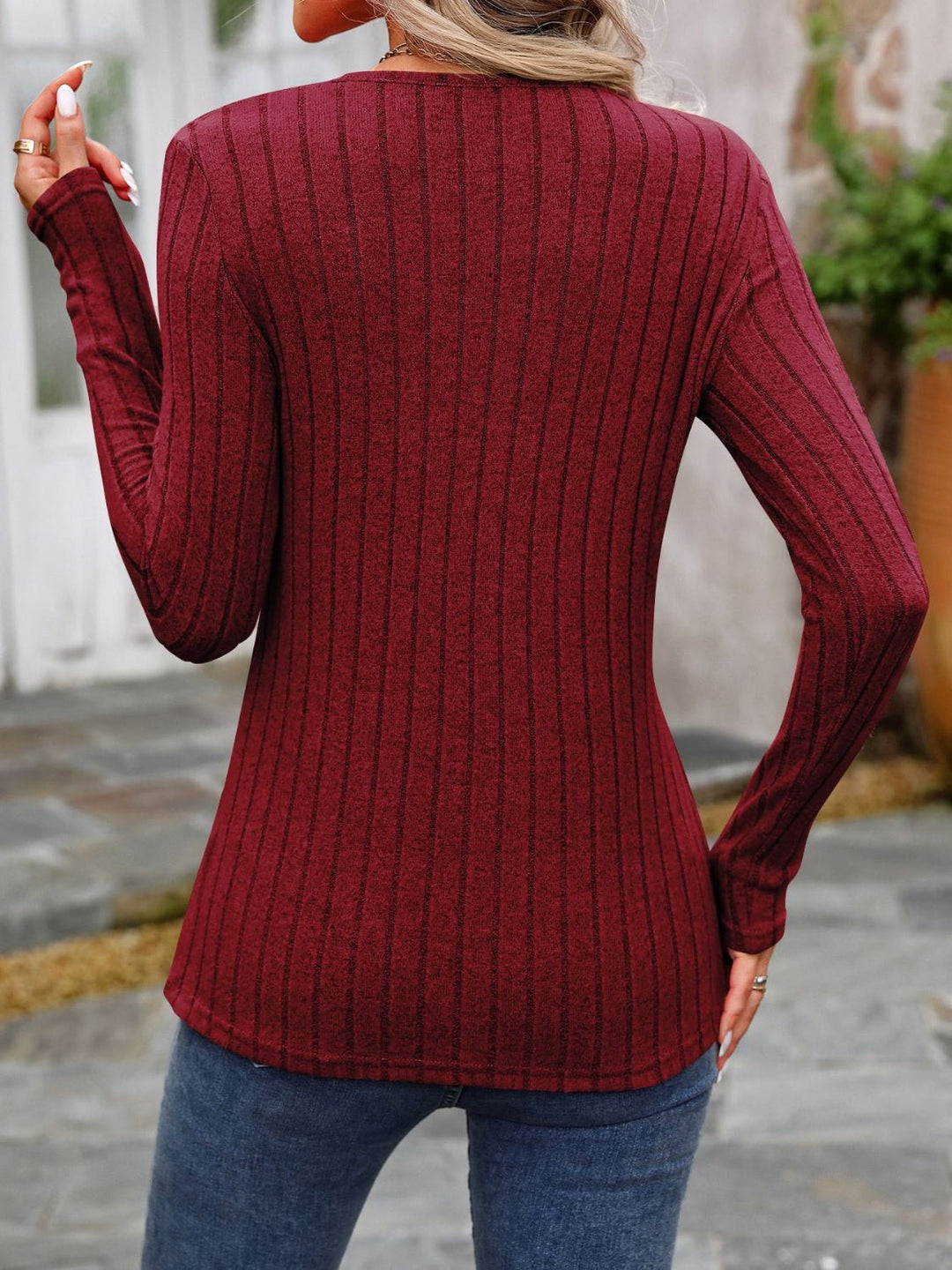 Decorative Button Round Neck Long Sleeve T-Shirt - SharpDuds