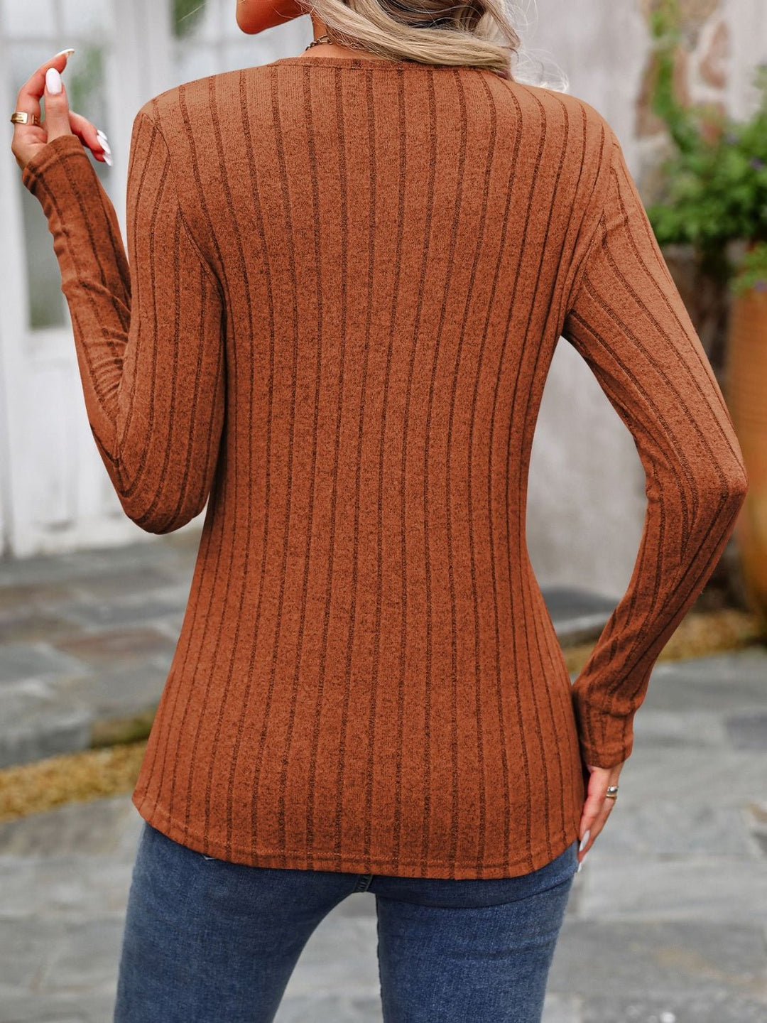 Decorative Button Round Neck Long Sleeve T-Shirt - SharpDuds