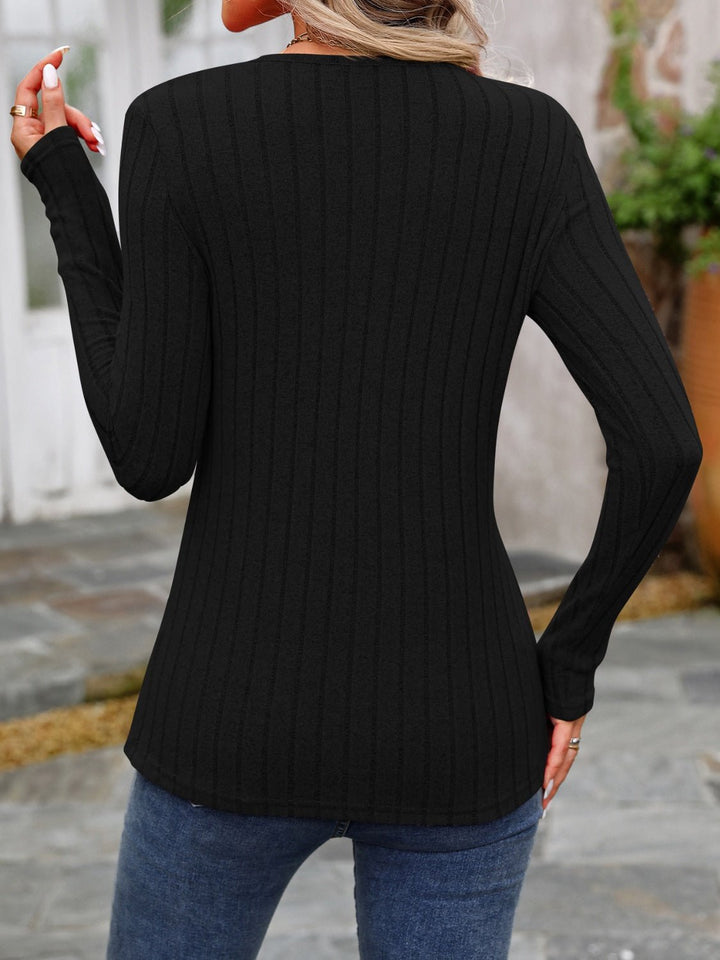 Decorative Button Round Neck Long Sleeve T-Shirt - SharpDuds