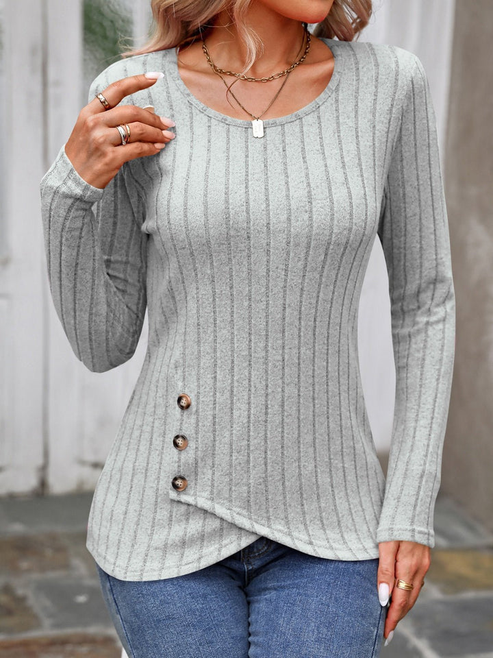 Decorative Button Round Neck Long Sleeve T-Shirt - SharpDuds