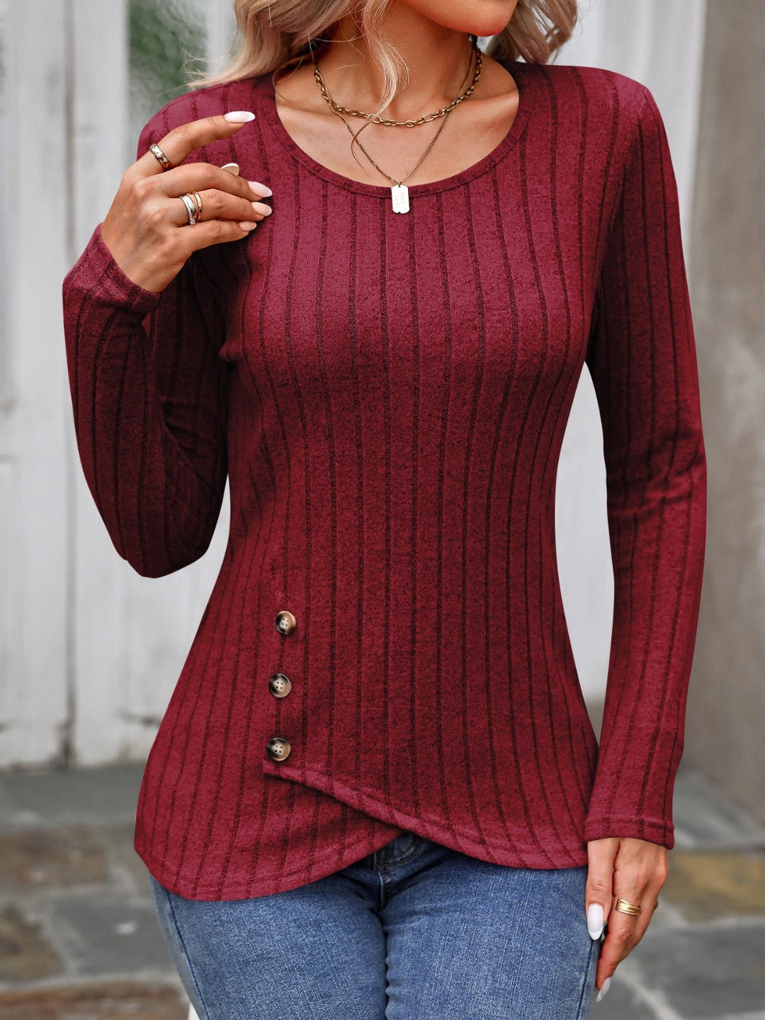 Decorative Button Round Neck Long Sleeve T-Shirt - SharpDuds