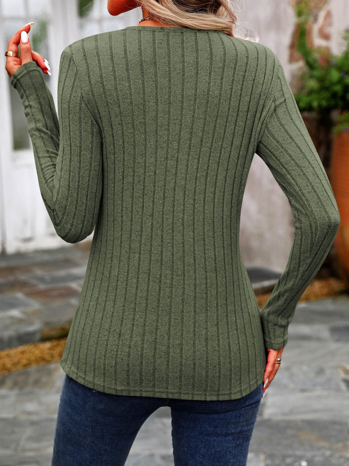 Decorative Button Round Neck Long Sleeve T-Shirt - SharpDuds