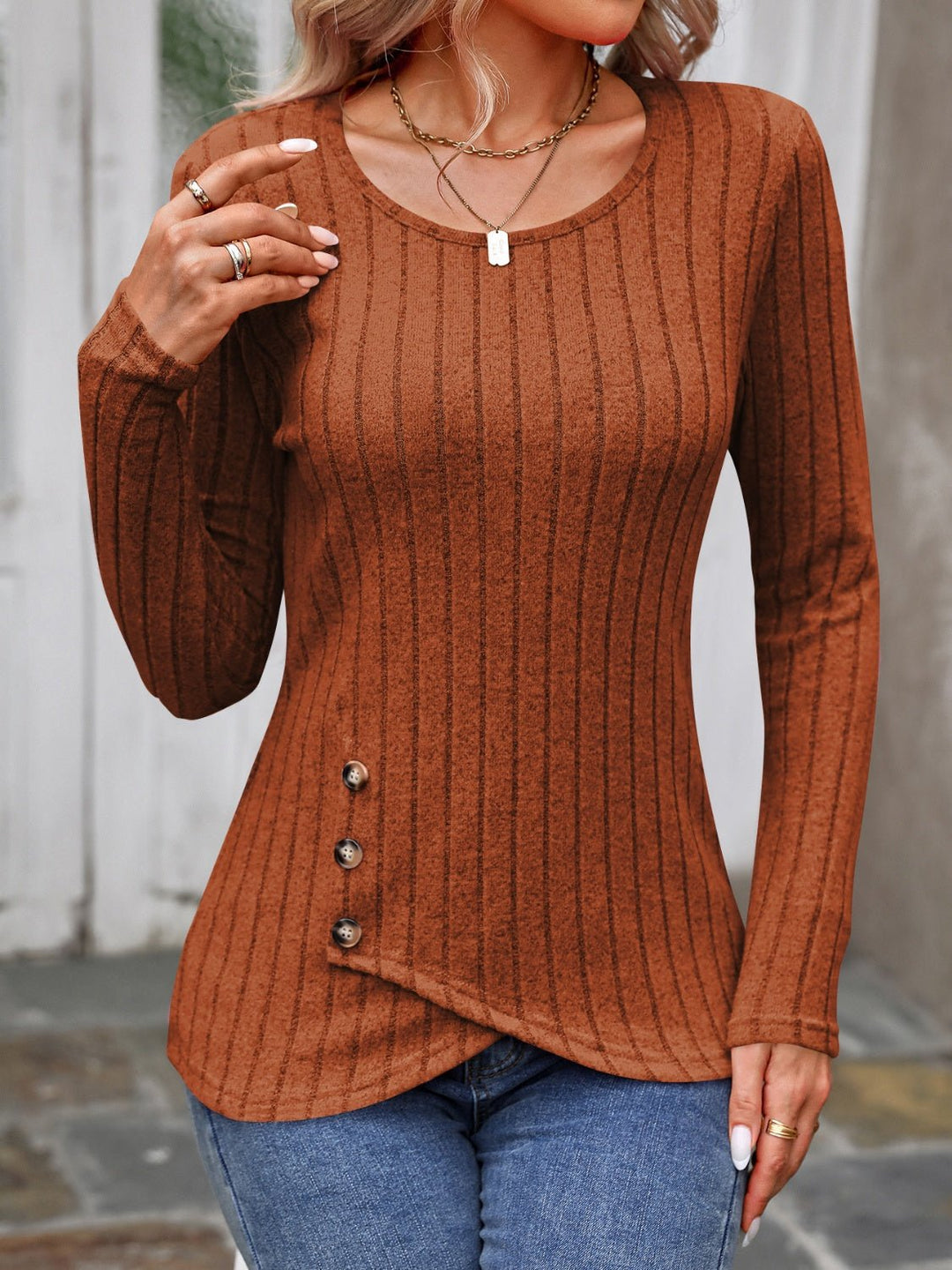 Decorative Button Round Neck Long Sleeve T-Shirt - SharpDuds