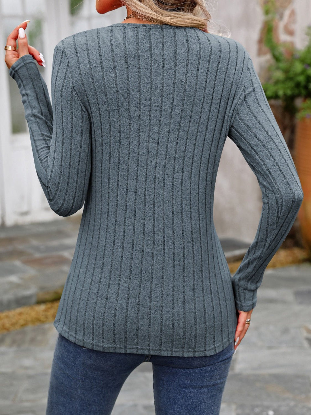 Decorative Button Round Neck Long Sleeve T-Shirt - SharpDuds