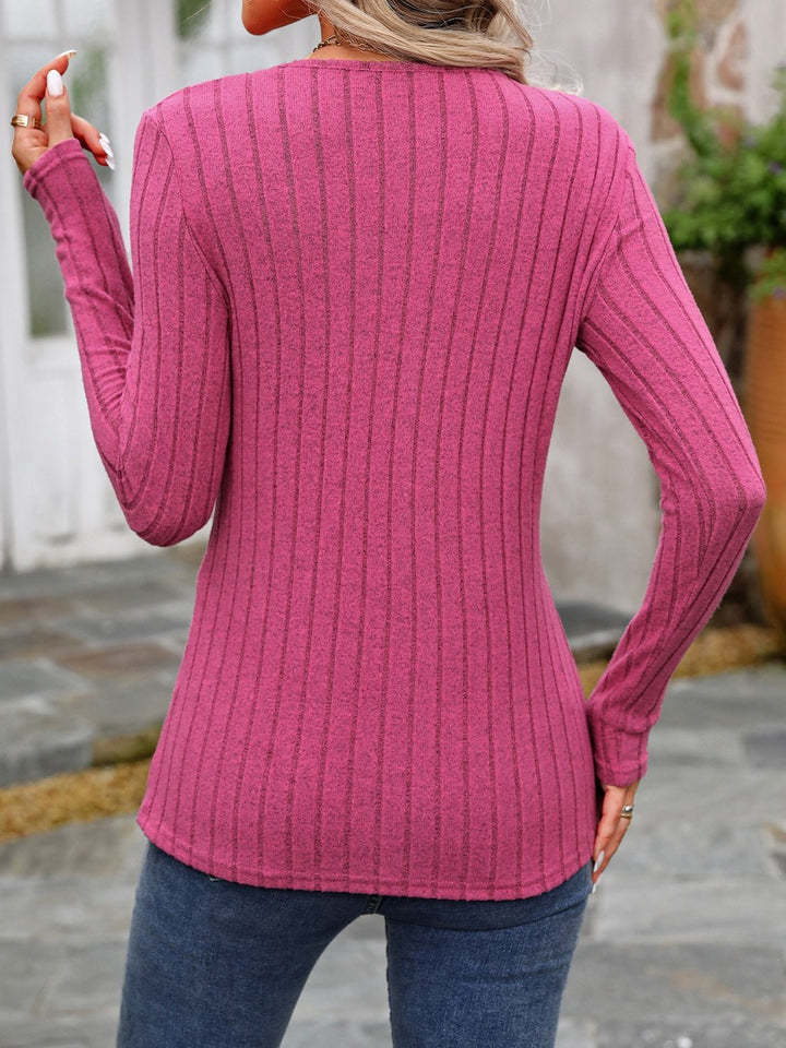 Decorative Button Round Neck Long Sleeve T-Shirt - SharpDuds