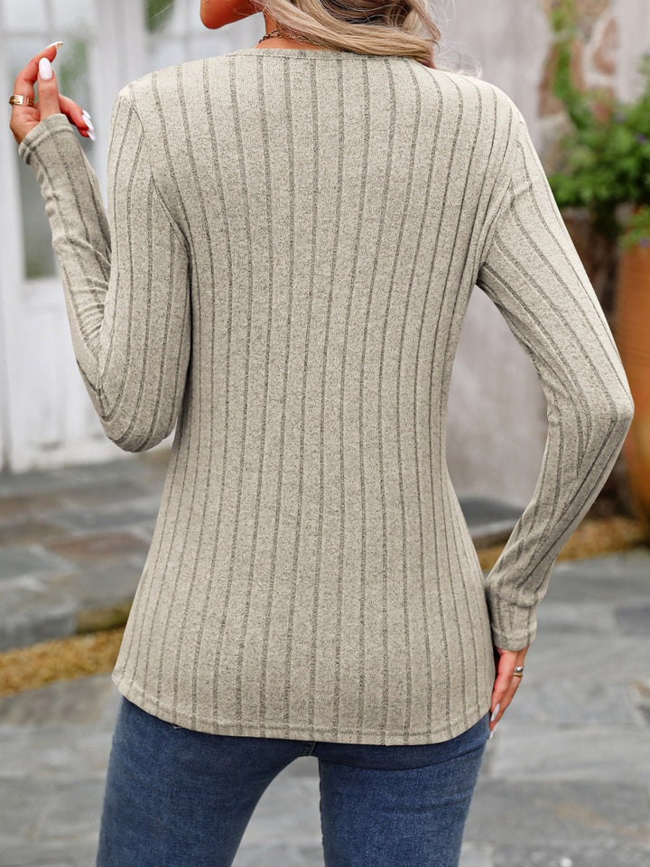 Decorative Button Round Neck Long Sleeve T-Shirt - SharpDuds