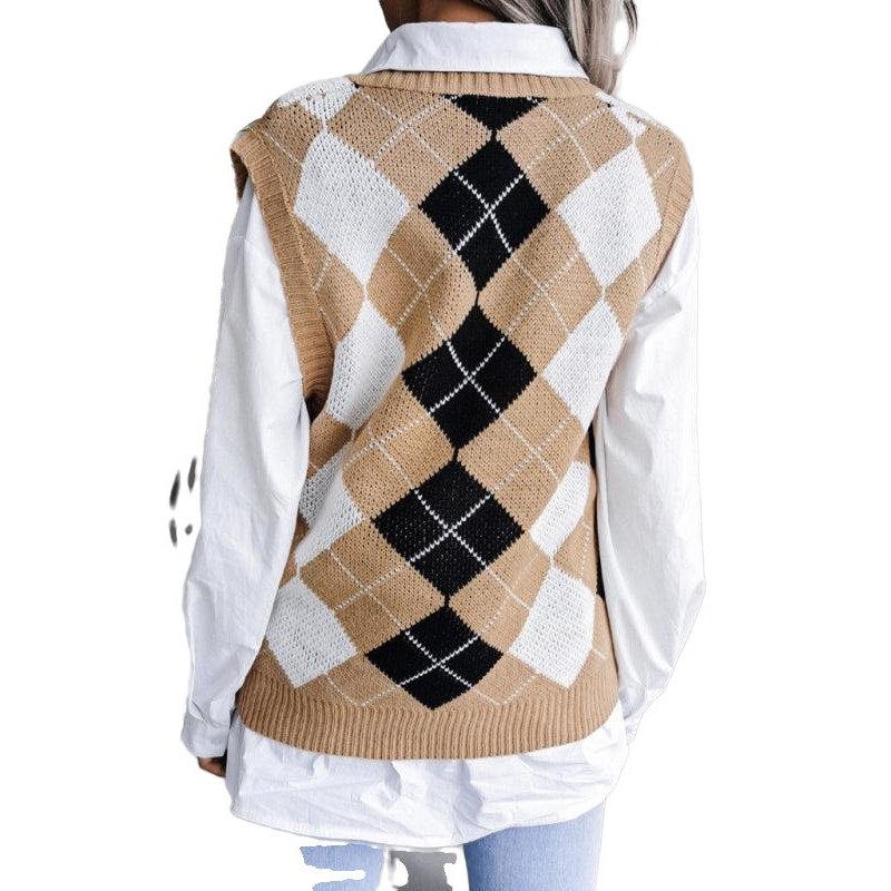 Diamond V-neck Casual Loose Knit Vest Sweater - SharpDuds.com