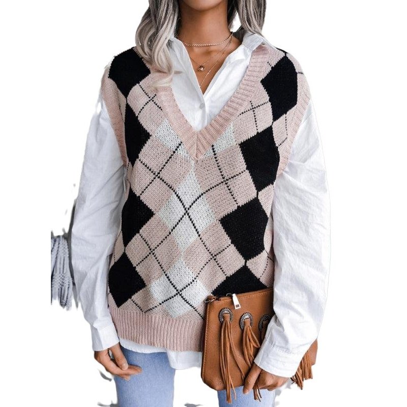 Diamond V-neck Casual Loose Knit Vest Sweater - SharpDuds.com