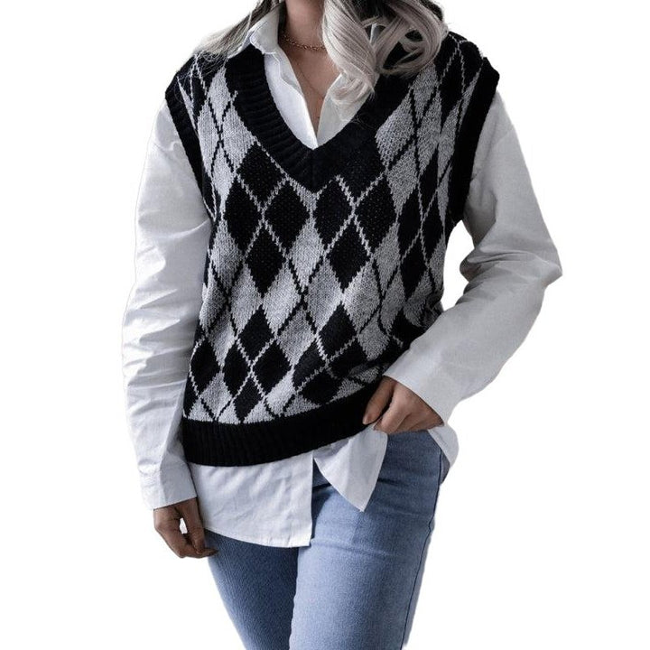 Diamond V-neck Casual Loose Knit Vest Sweater - SharpDuds.com