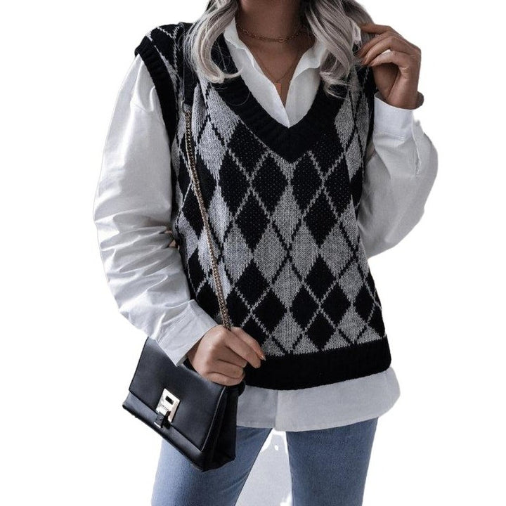 Diamond V-neck Casual Loose Knit Vest Sweater - SharpDuds.com