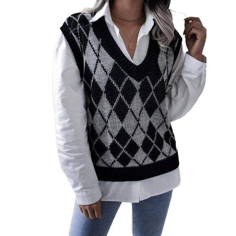 Diamond V-neck Casual Loose Knit Vest Sweater - SharpDuds.com