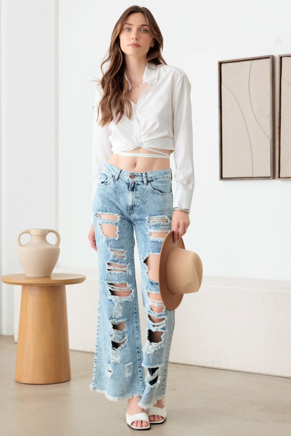 Distressed Frayed Hem Flare Jeans - SharpDuds