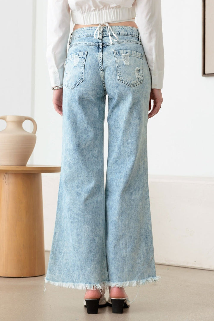 Distressed Frayed Hem Flare Jeans - SharpDuds