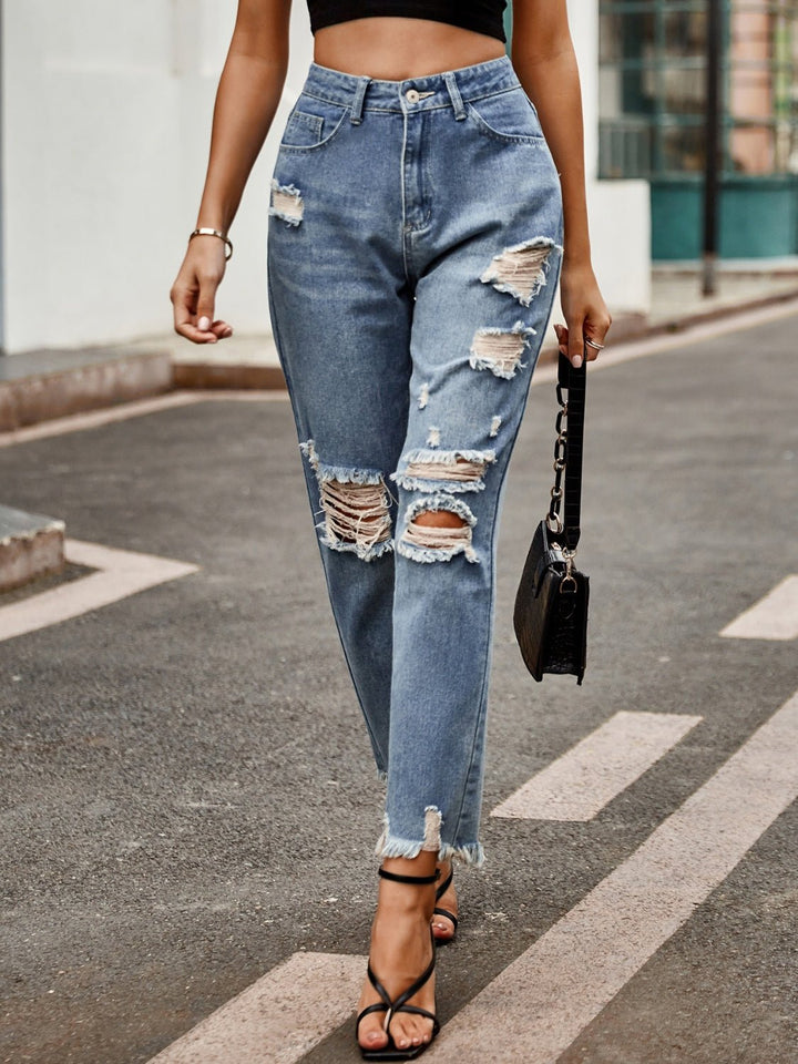 Distressed Raw Hem Jeans with Pockets - SharpDuds