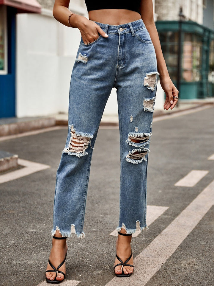 Distressed Raw Hem Jeans with Pockets - SharpDuds