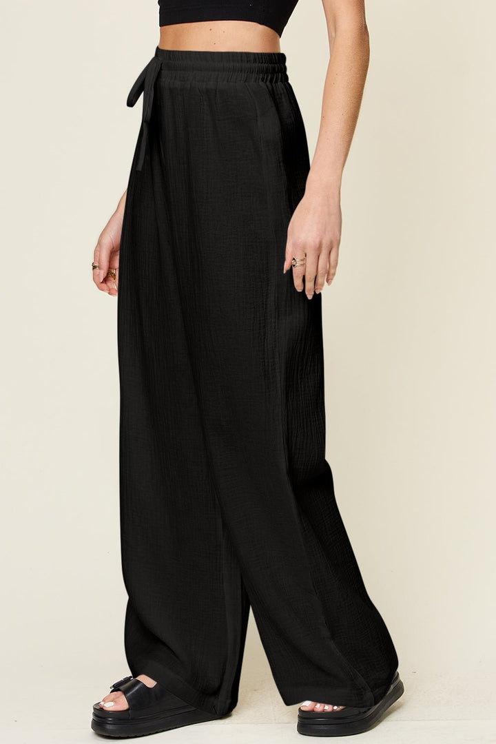 Double Take Full Size Texture Drawstring Wide Leg Pants - SharpDuds