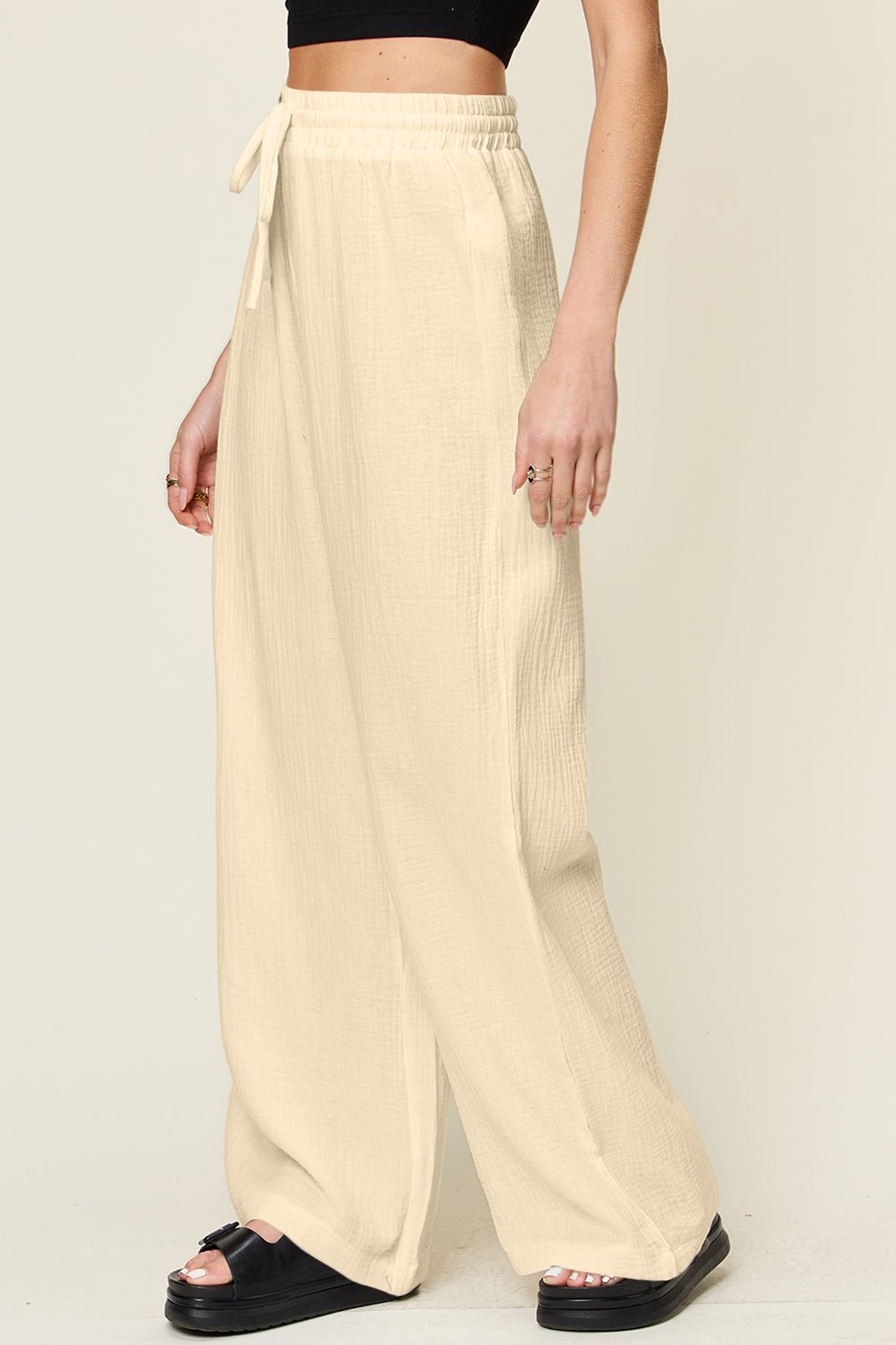 Double Take Full Size Texture Drawstring Wide Leg Pants - SharpDuds