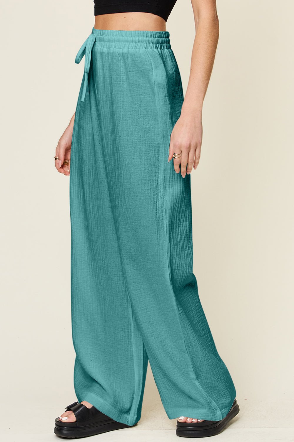 Double Take Full Size Texture Drawstring Wide Leg Pants - SharpDuds