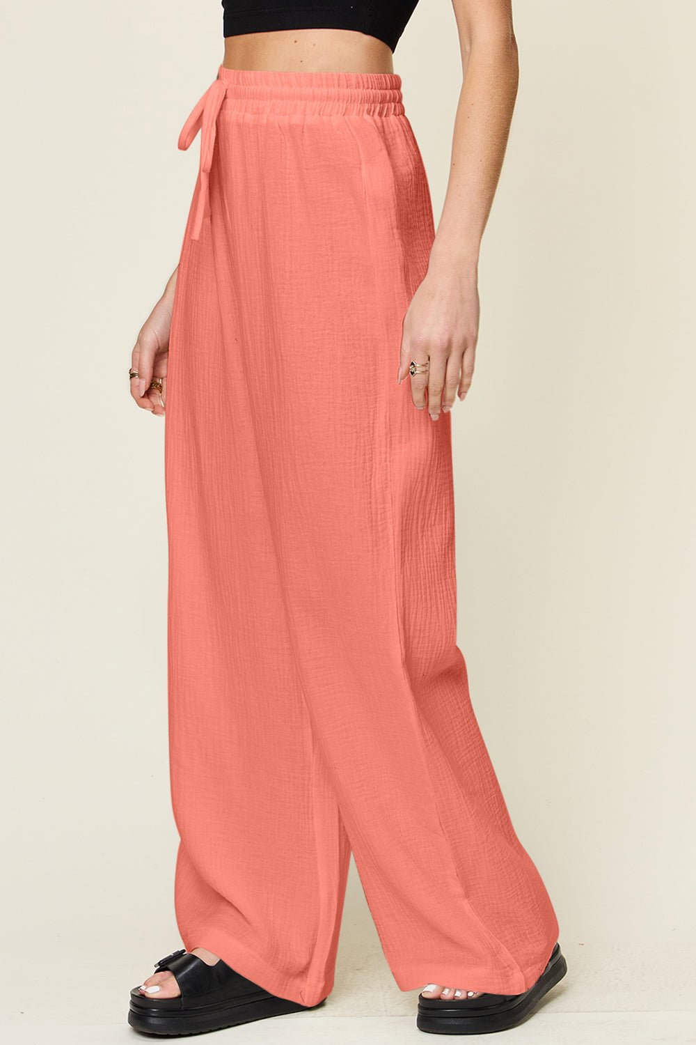 Double Take Full Size Texture Drawstring Wide Leg Pants - SharpDuds