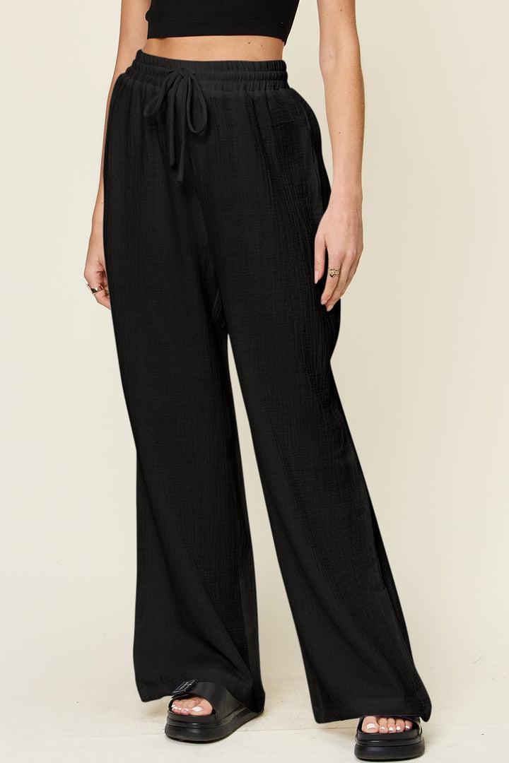 Double Take Full Size Texture Drawstring Wide Leg Pants - SharpDuds