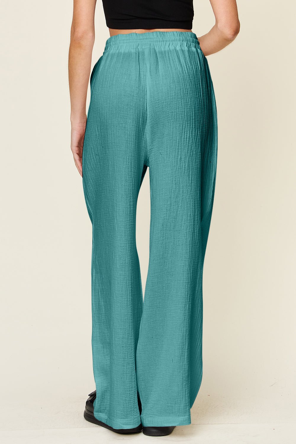 Double Take Full Size Texture Drawstring Wide Leg Pants - SharpDuds