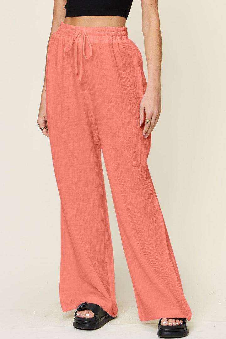 Double Take Full Size Texture Drawstring Wide Leg Pants - SharpDuds