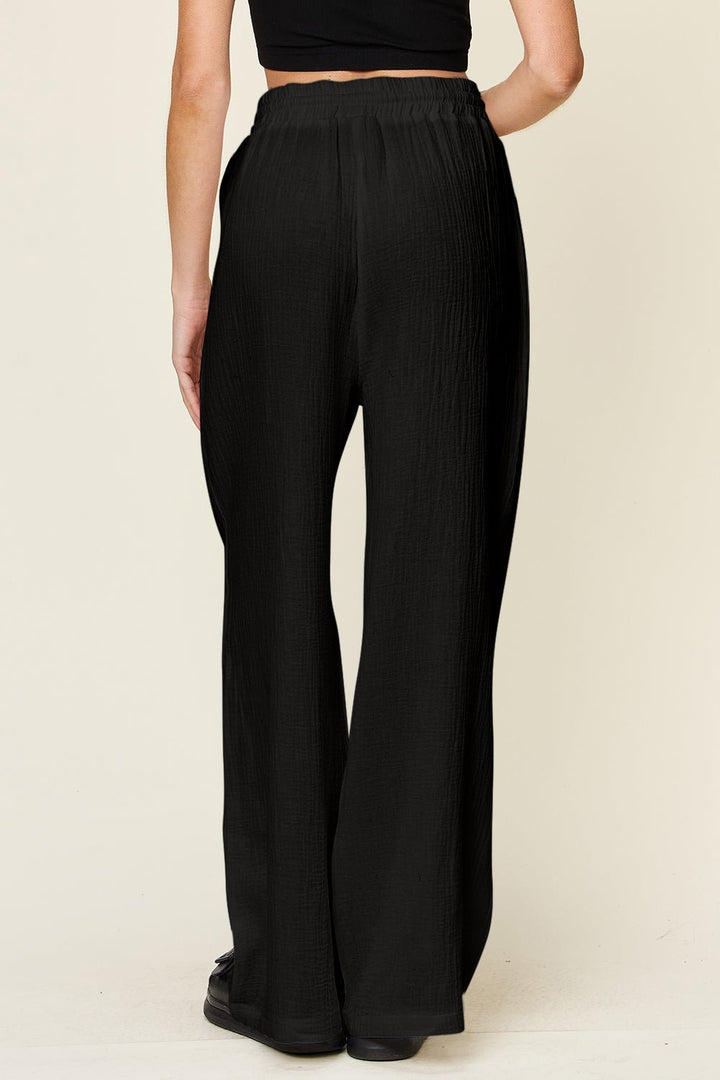 Double Take Full Size Texture Drawstring Wide Leg Pants - SharpDuds