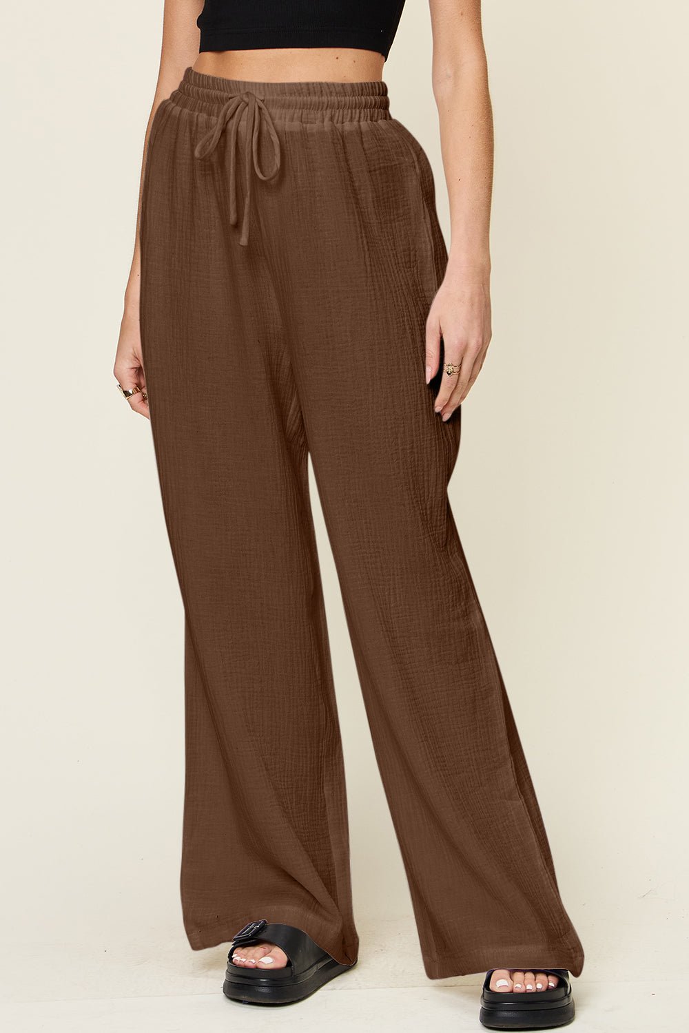 Double Take Full Size Texture Drawstring Wide Leg Pants - SharpDuds