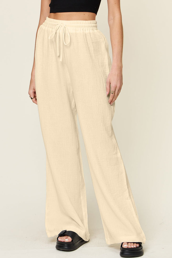 Double Take Full Size Texture Drawstring Wide Leg Pants - SharpDuds