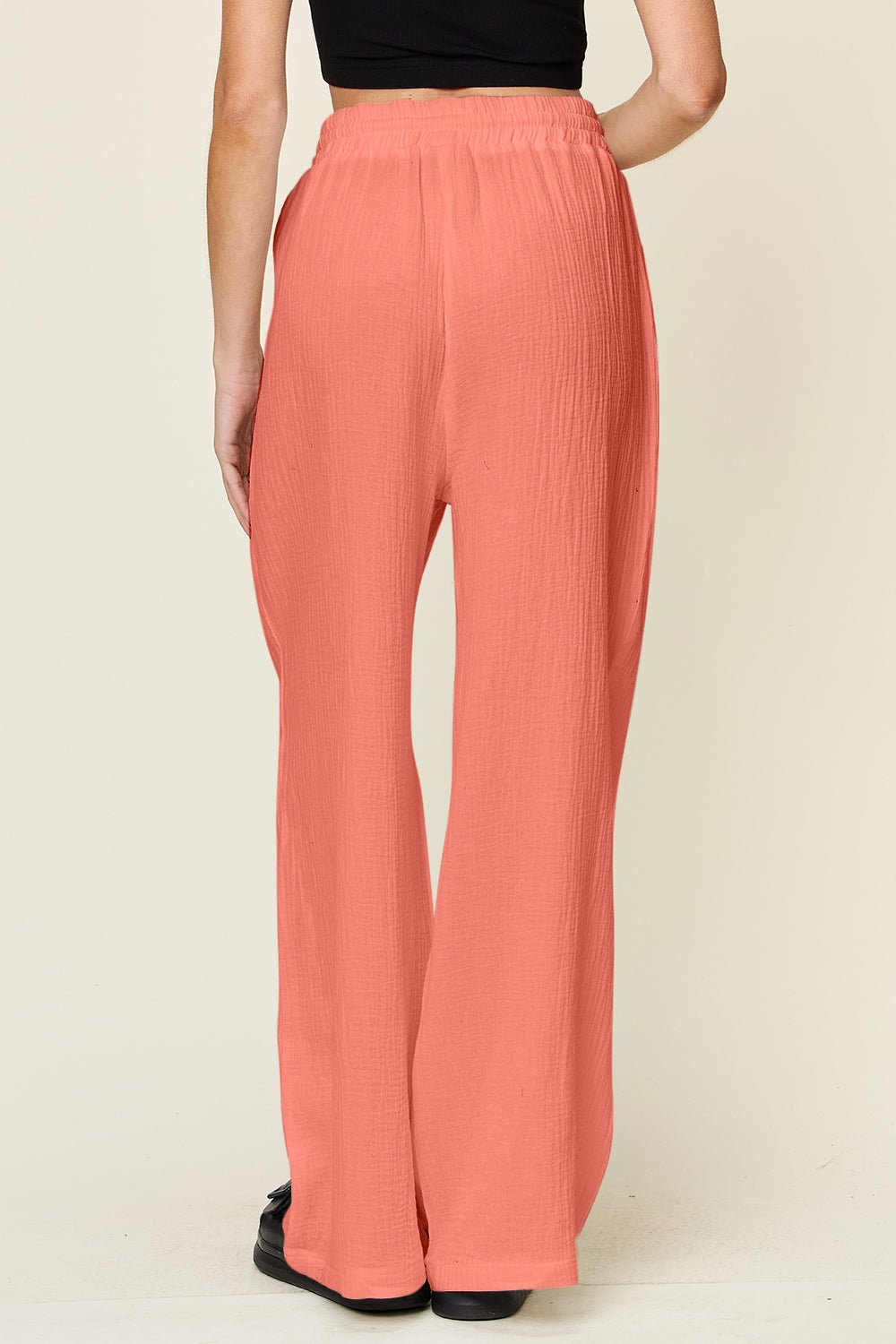 Double Take Full Size Texture Drawstring Wide Leg Pants - SharpDuds