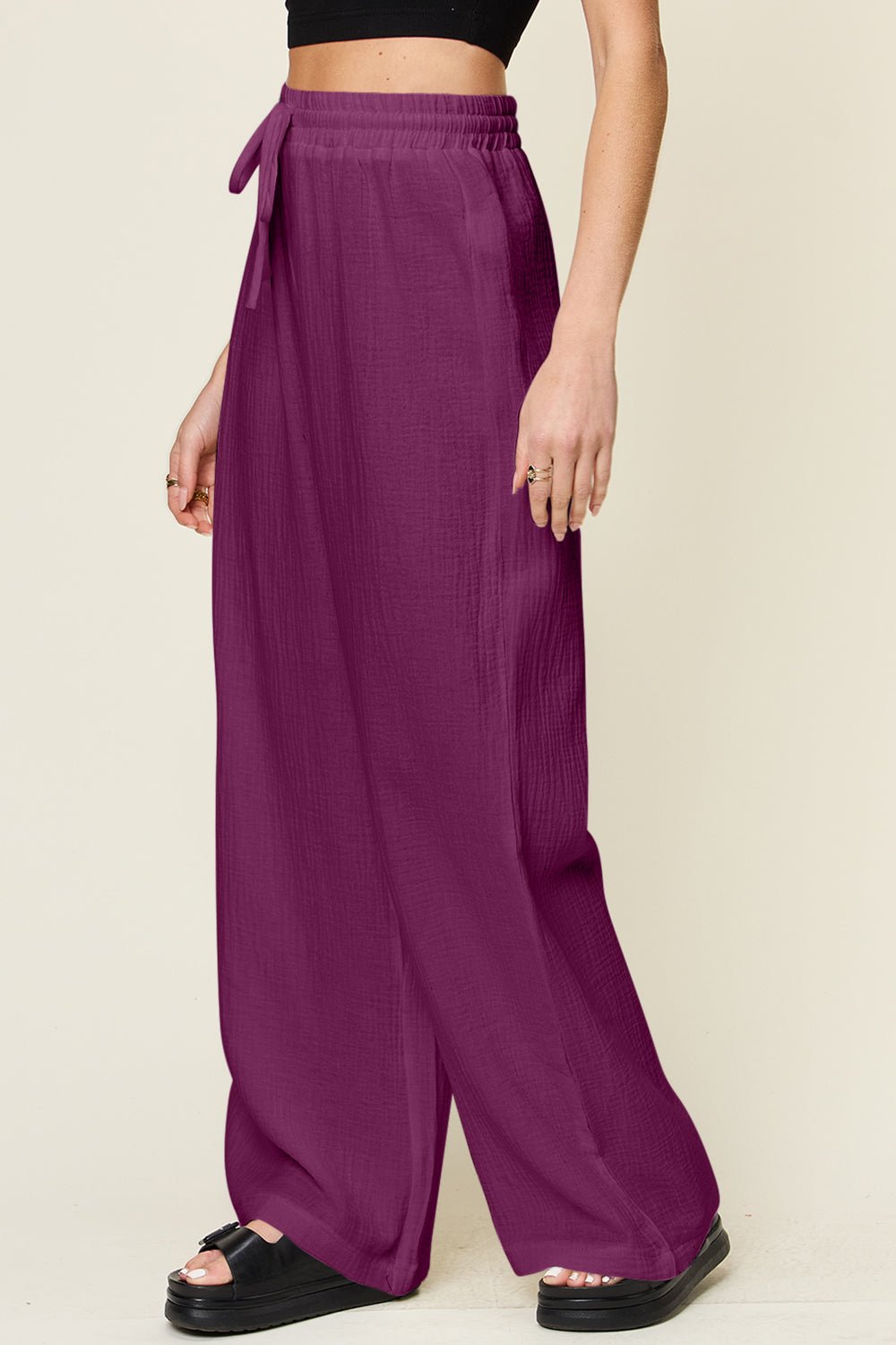 Double Take Full Size Texture Drawstring Wide Leg Pants - SharpDuds