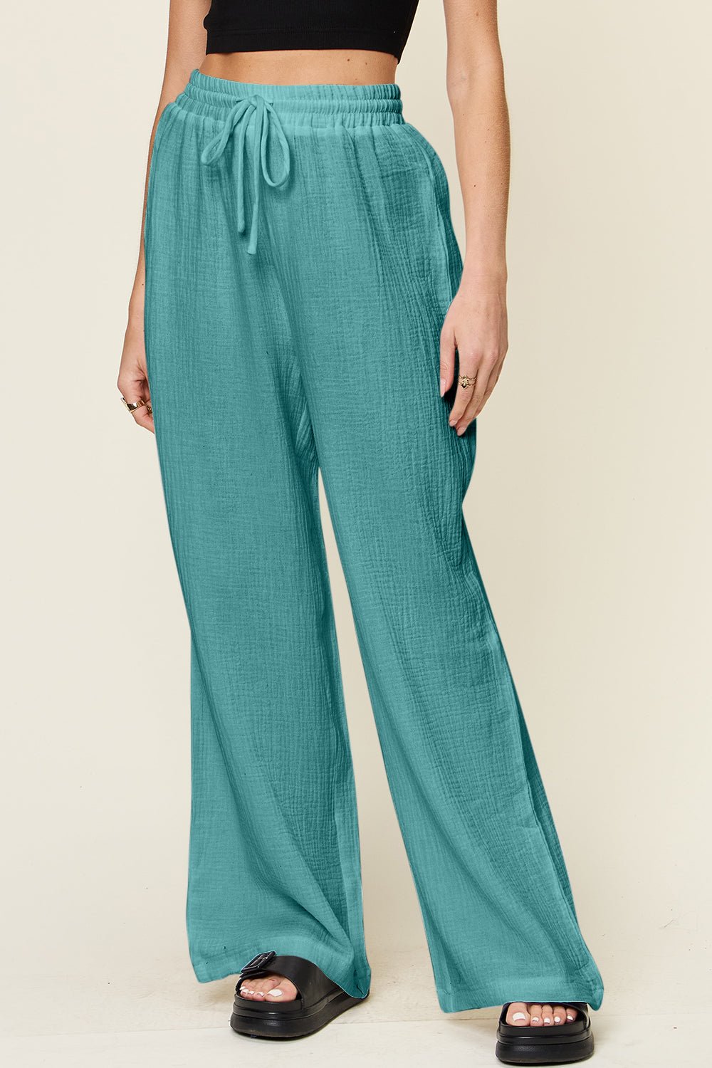 Double Take Full Size Texture Drawstring Wide Leg Pants - SharpDuds