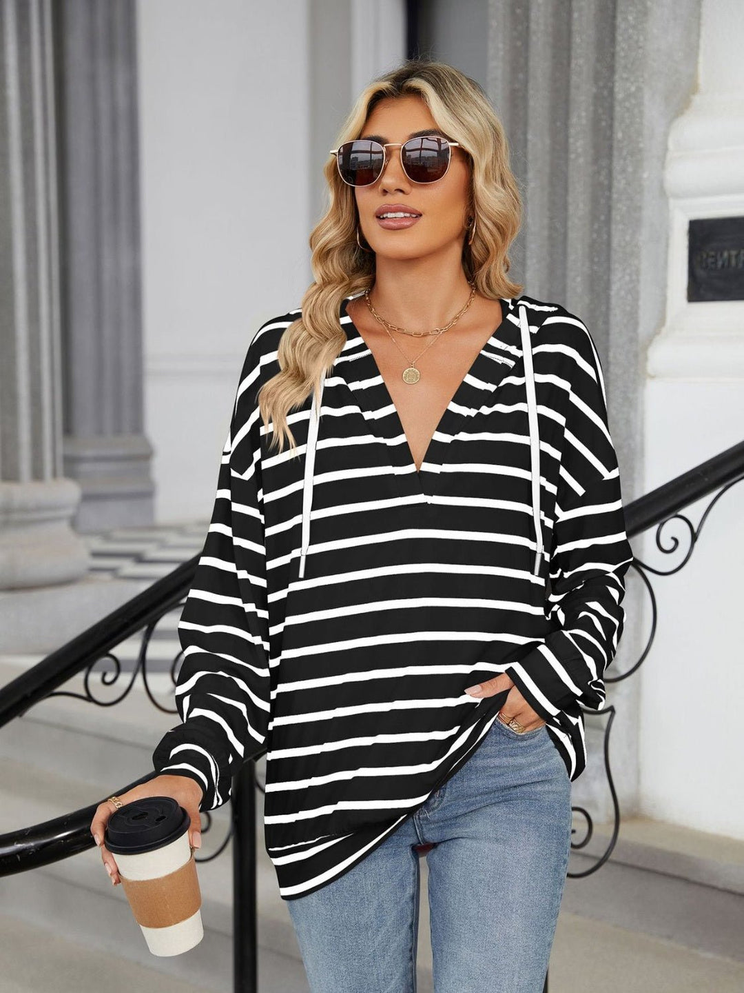 Drawstring Striped Long Sleeve Hoodie - SharpDuds