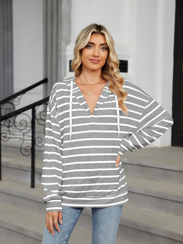 Drawstring Striped Long Sleeve Hoodie - SharpDuds