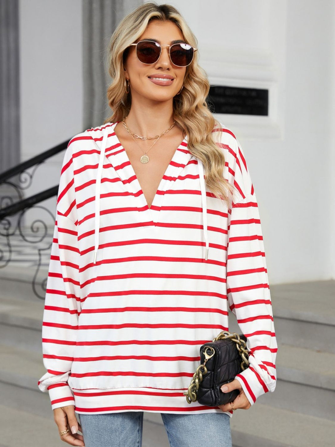 Drawstring Striped Long Sleeve Hoodie - SharpDuds