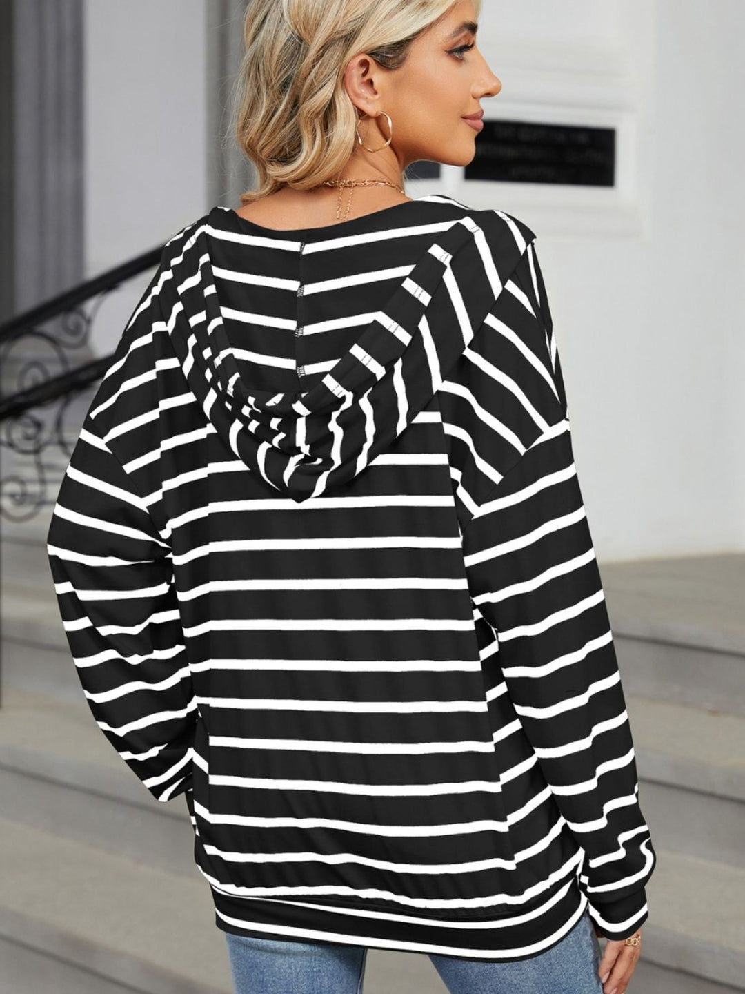 Drawstring Striped Long Sleeve Hoodie - SharpDuds