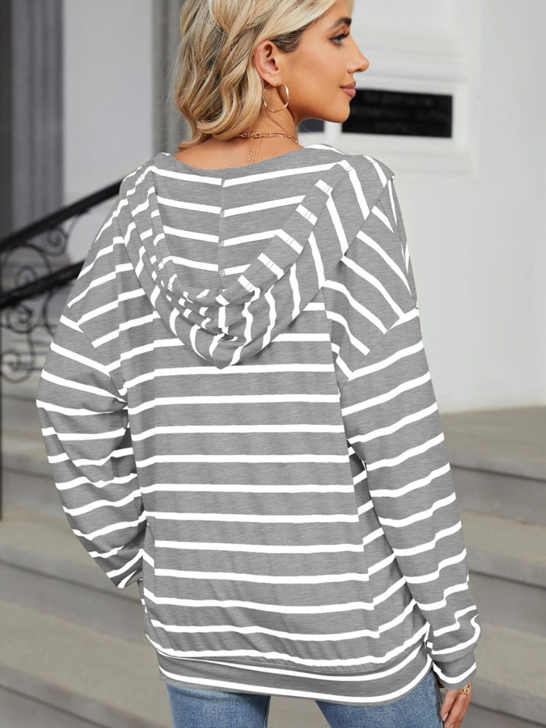 Drawstring Striped Long Sleeve Hoodie - SharpDuds