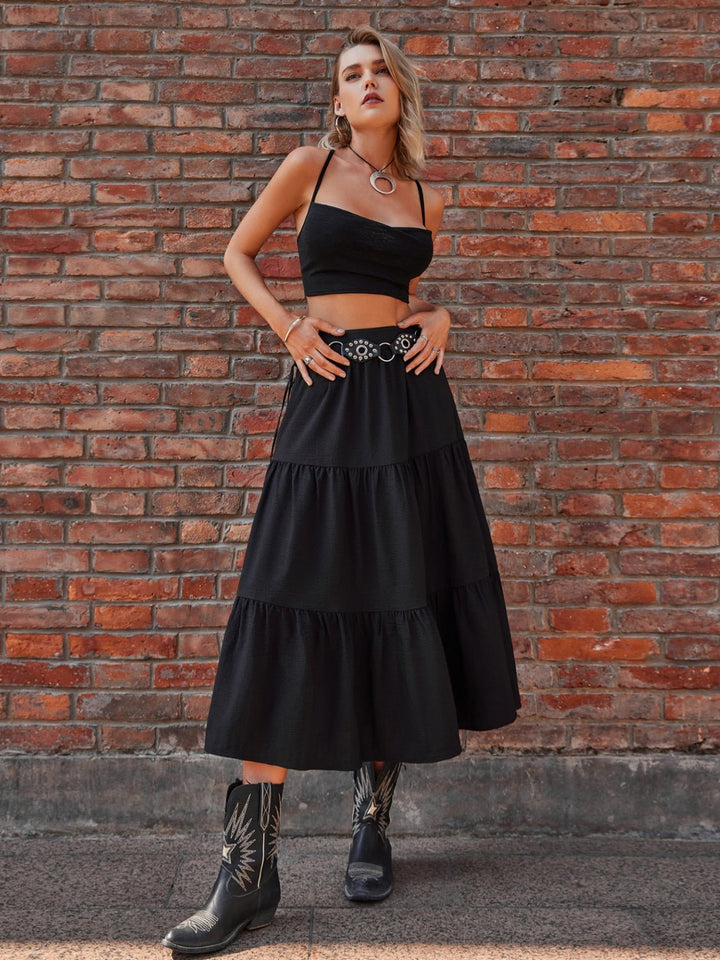 Elastic Waist Tiered Midi Skirt - SharpDuds