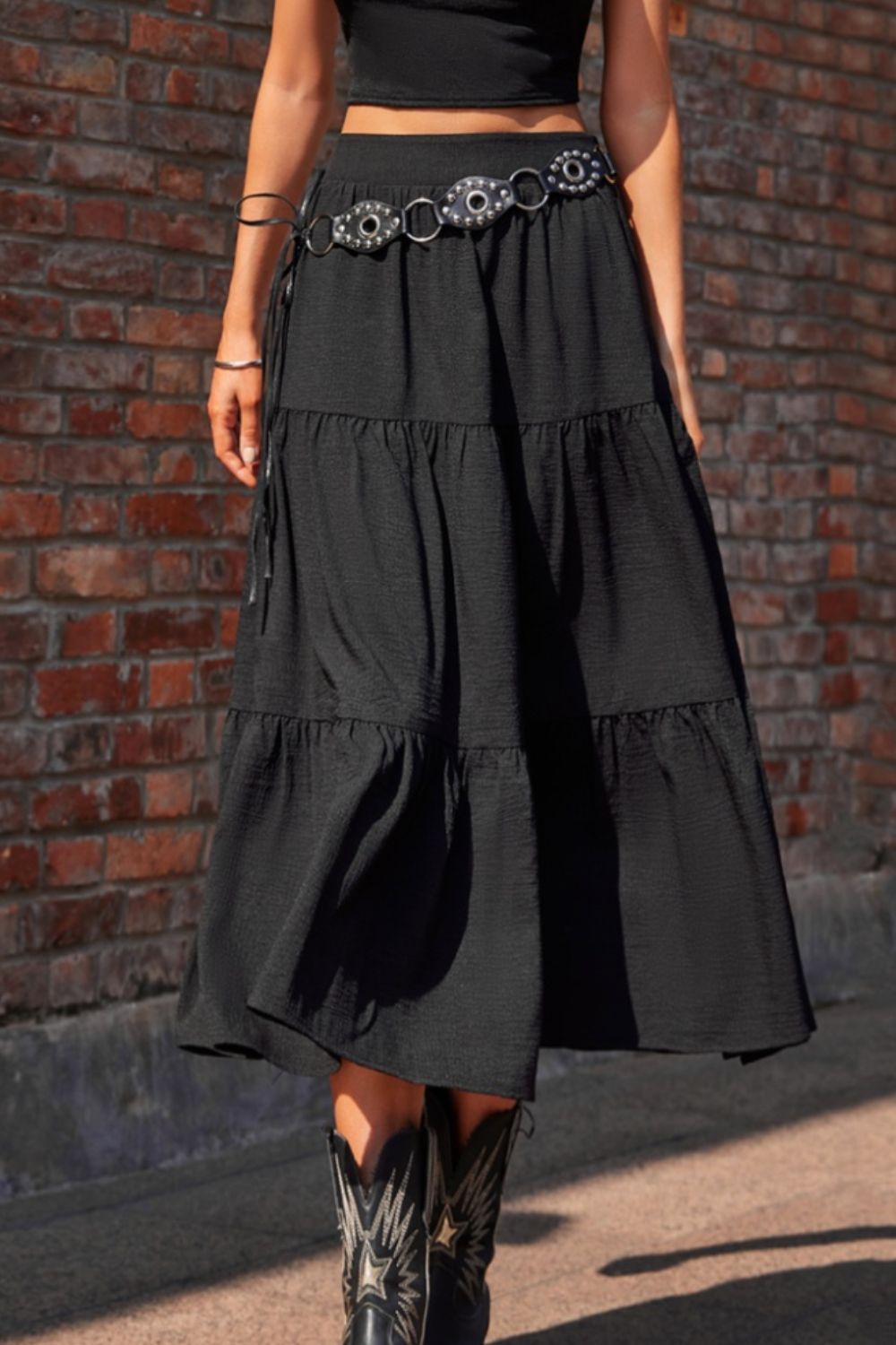 Elastic Waist Tiered Midi Skirt - SharpDuds